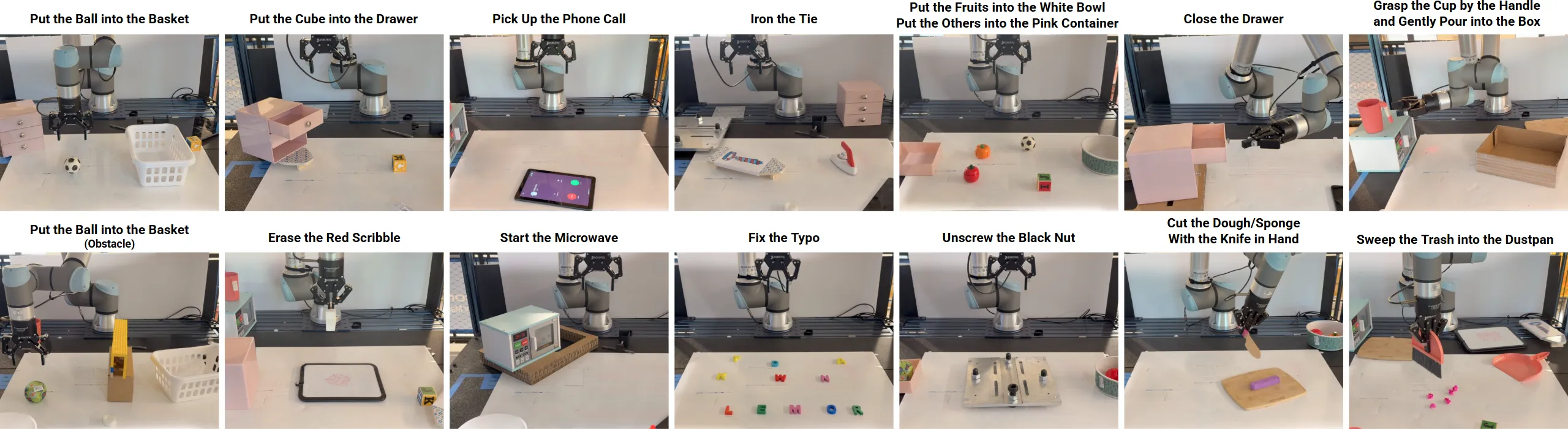 Fourteen real-robot benchmark tasks evaluated in the GTA-2 study