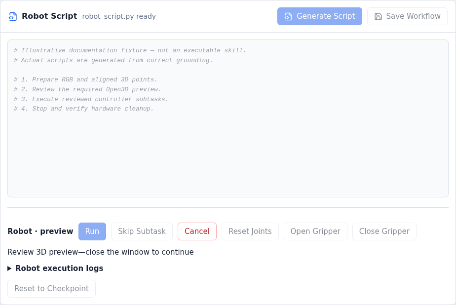 Robot Script panel with Run, Skip Subtask, Cancel, reset and gripper controls, subtask status, and logs.