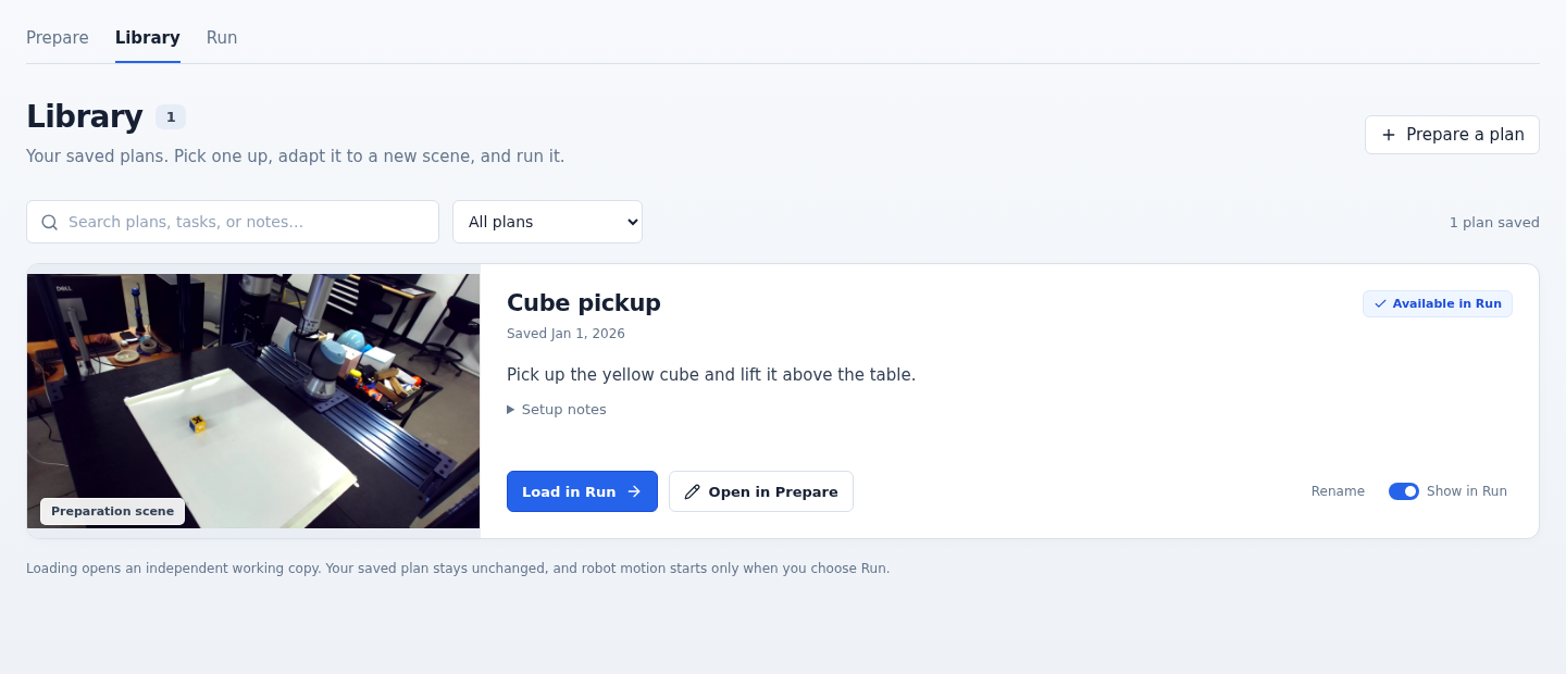 Library card for a cube-pickup checkpoint, with open, load, rename, and visibility controls.